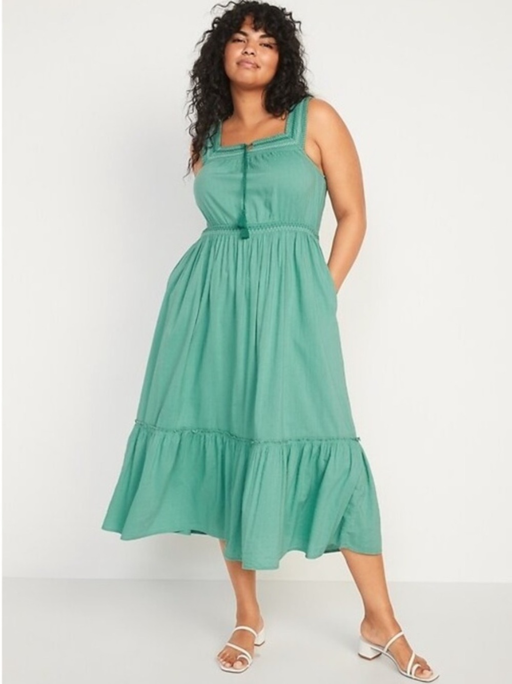 Old Navy Green Milkmaid Cottagecore Embroidered Clip Dot Midi Dress Sz M Prairie